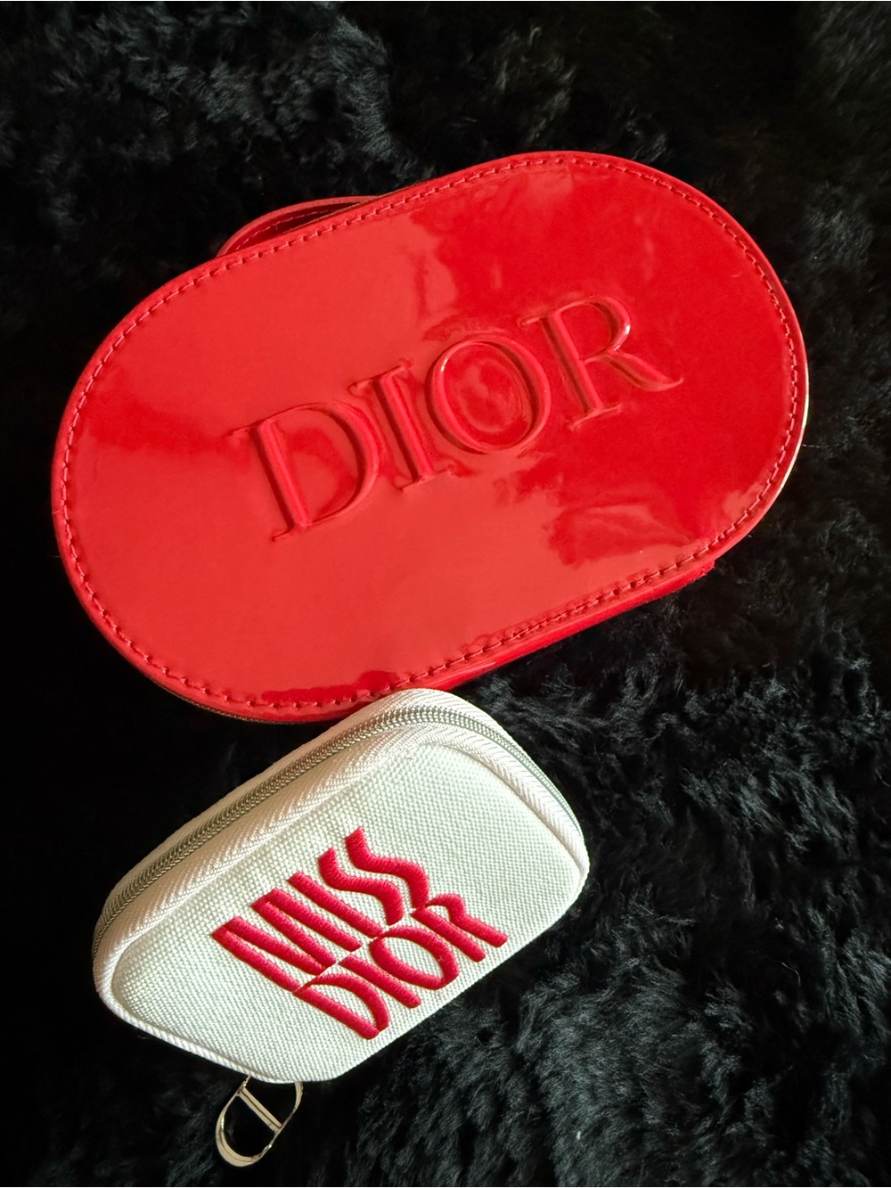 Dior Glossy Red Patent cosmetic Bag and mini Miss Dior zipper pouch